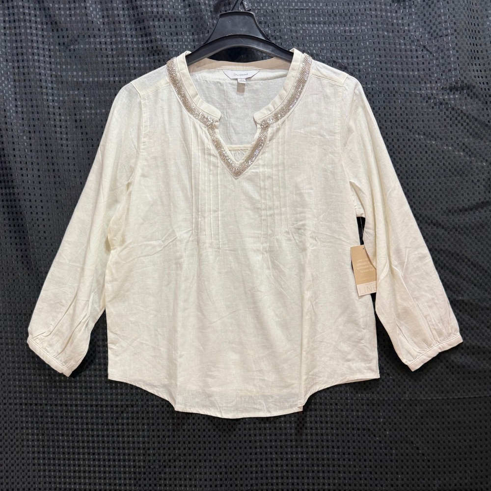 Calligraphie Beaded Split Neck Blouse Womens L Off-White Linen Blend Minimalist